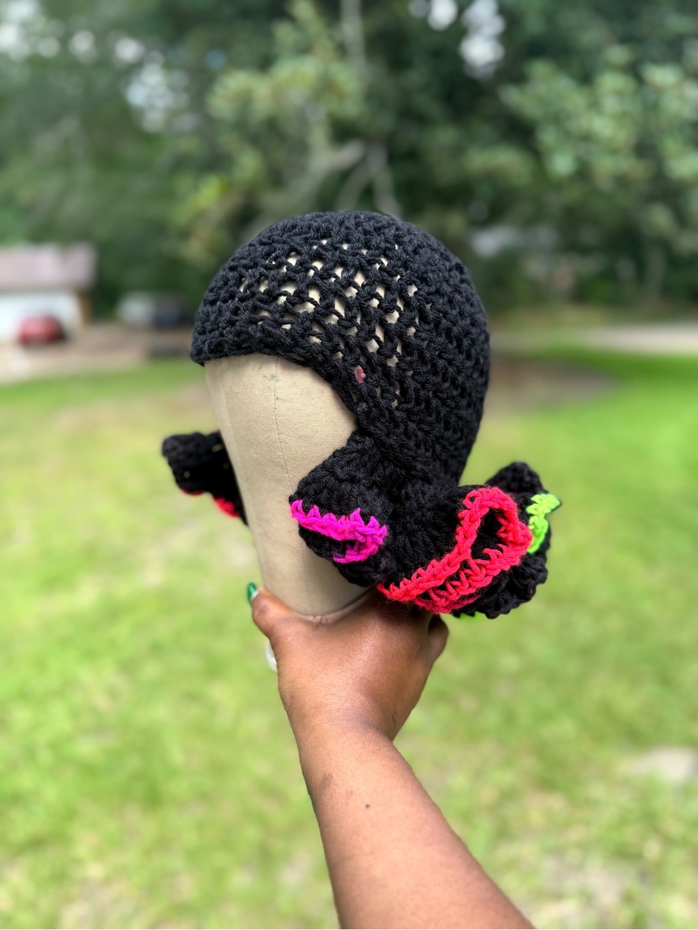 Handmade Black Crochet Hat with Neon Ruffle Trim